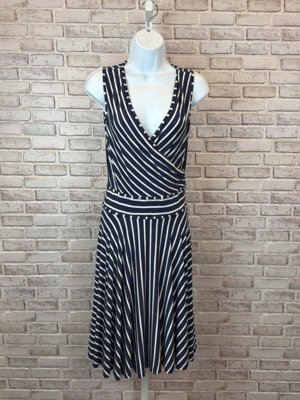 Max Studio Striped Wrap Front Fit Flare Dress Navy White